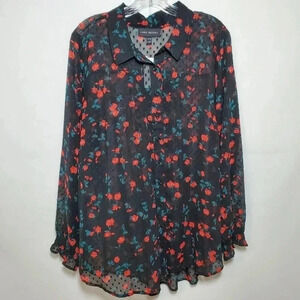 Lane Bryant Size 18-20 Long Sleeve Button Up Black Sheer Polka Dot Roses Blouse